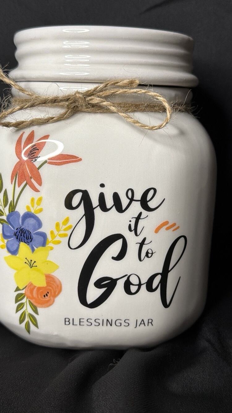 White Ceramic Flower “Give It to God” Blessing Jar And Lid W/ Floral Note Cards
